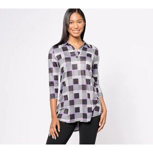 Women with Control Tall Plaid Tunic with Cotton Jersey Black Purple Women 1X